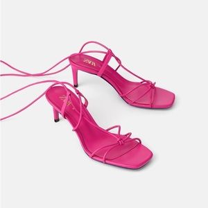 NWT Zara Blue Collection Barbie Pink Leather Mid Heel Sandal 38